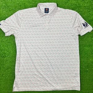 DONALD ROSS Golf Polo LG White W/ Pink Palm Tree TRIMMER WICKING, UPF 50 EUC‎